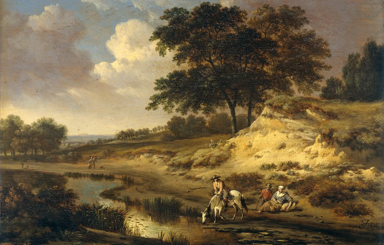 Photo wallpaper tree, oil, picture, Ian Vanants, Landscape with a Horseman and a Horse Drinking Water