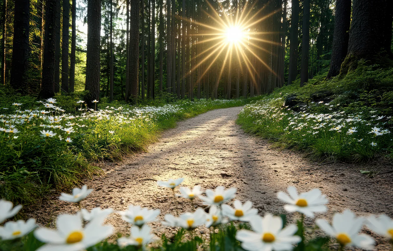 Photo wallpaper road, greens, forest, summer, the sun, rays, light, flowers