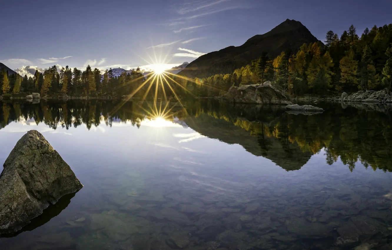 Photo wallpaper autumn, sunset, mountains, lake, reflection, stones, the bottom, Switzerland