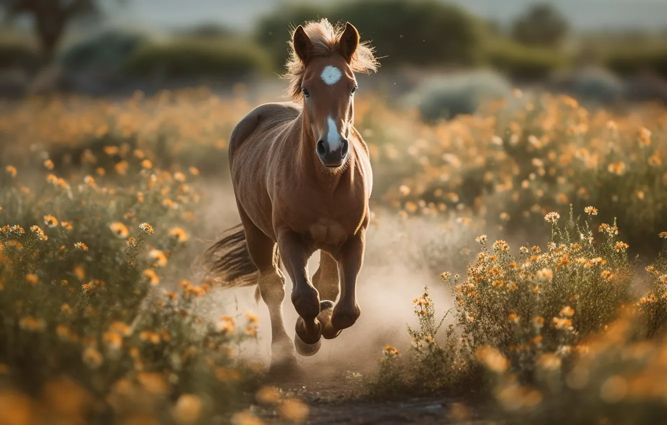 Photo wallpaper Flowers, Horse, Chamomile, Running, Meadow, Front, Digital art, Stallion