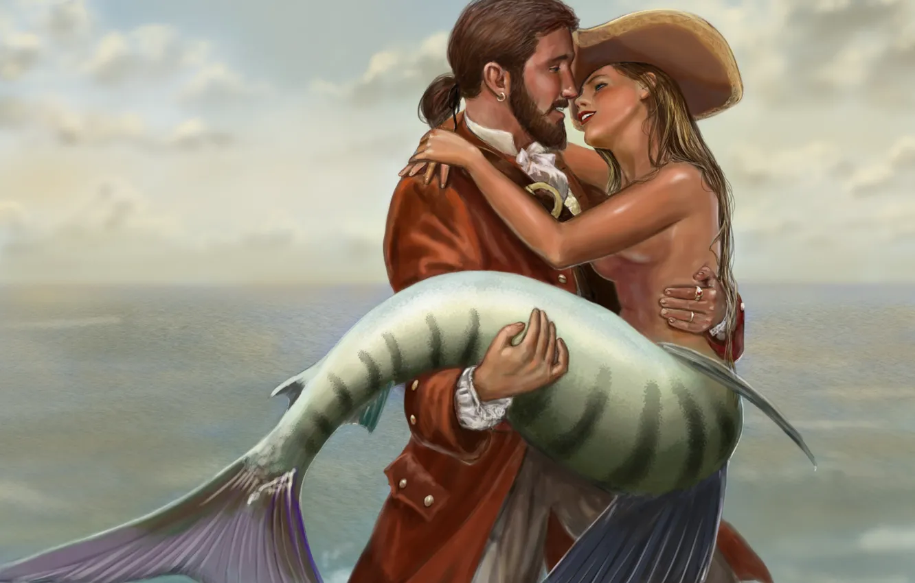 Photo wallpaper sea, meeting, mermaid, male, on hand