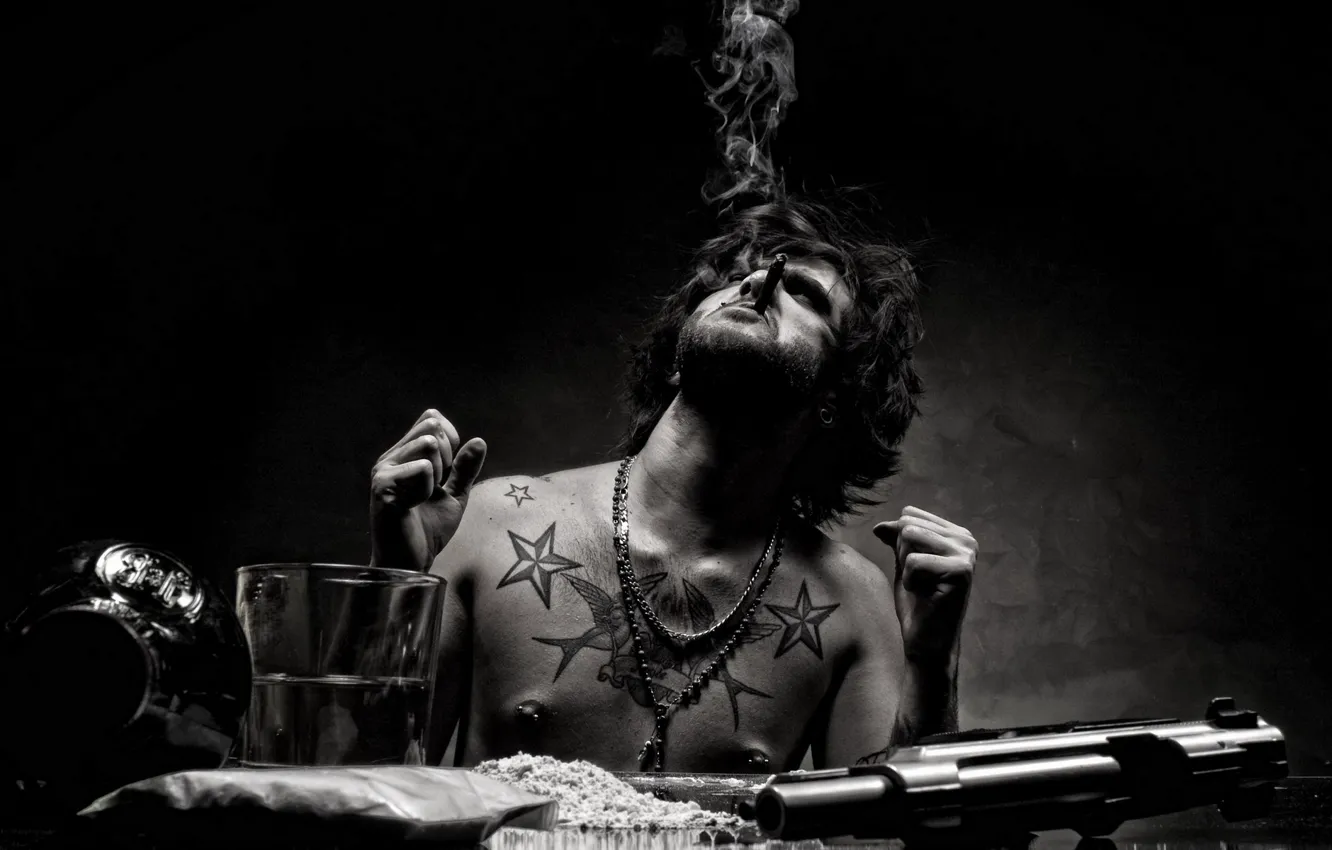 Photo wallpaper cigarette, Man, gun, bristles, booze, tatuha, Cox