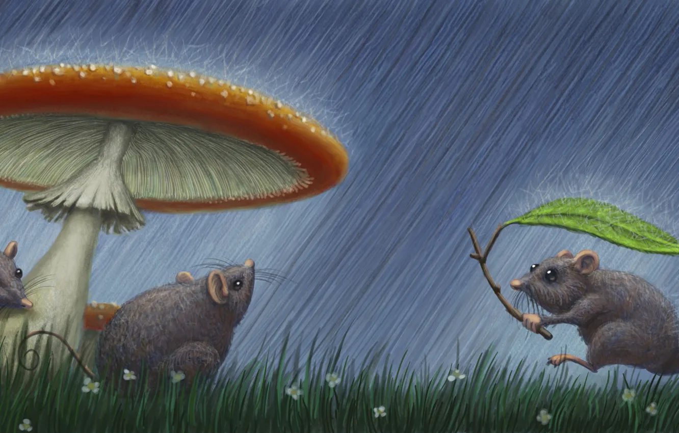 Photo wallpaper Rain, Mushrooms, Mouse, Animals, Risunok