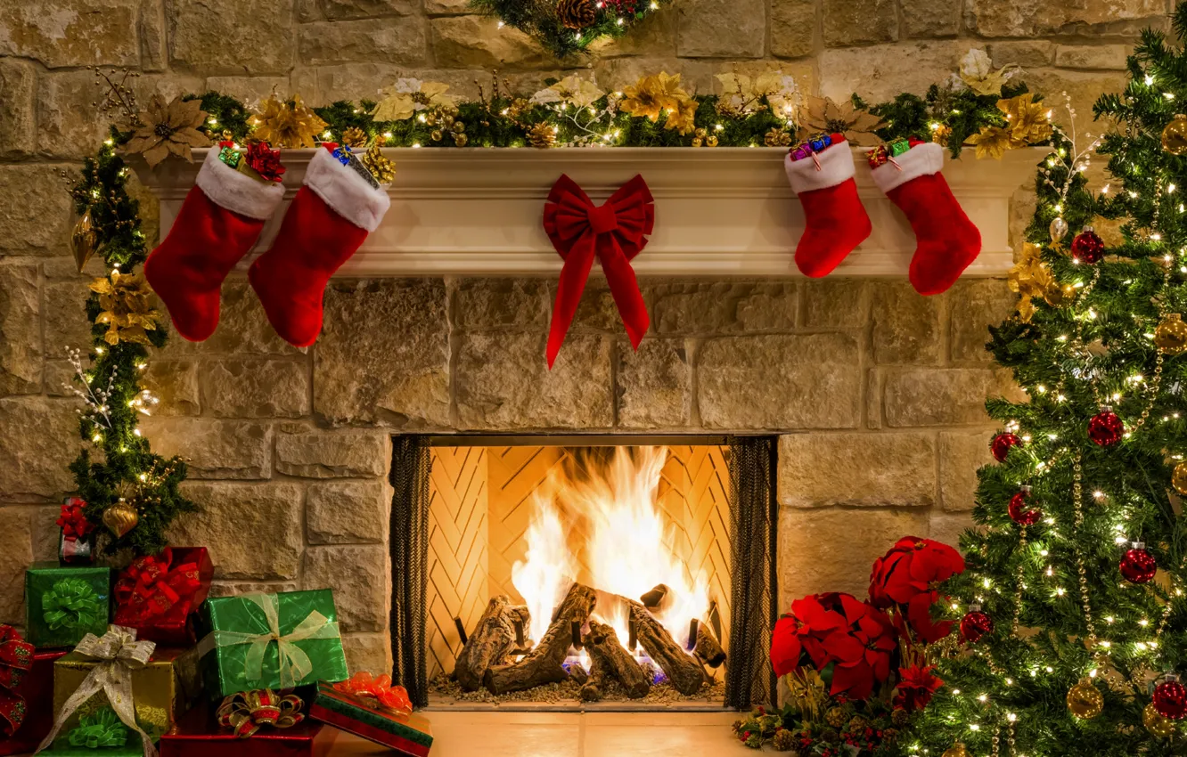 Photo wallpaper decoration, lights, lights, tree, fire, holiday, fire, fireplace