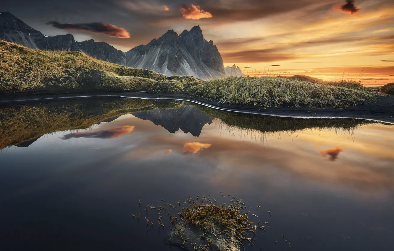 Photo wallpaper sunset, mountains, nature, lake, reflection, the evening, Vestrahorn, photographer Etienne Ruff