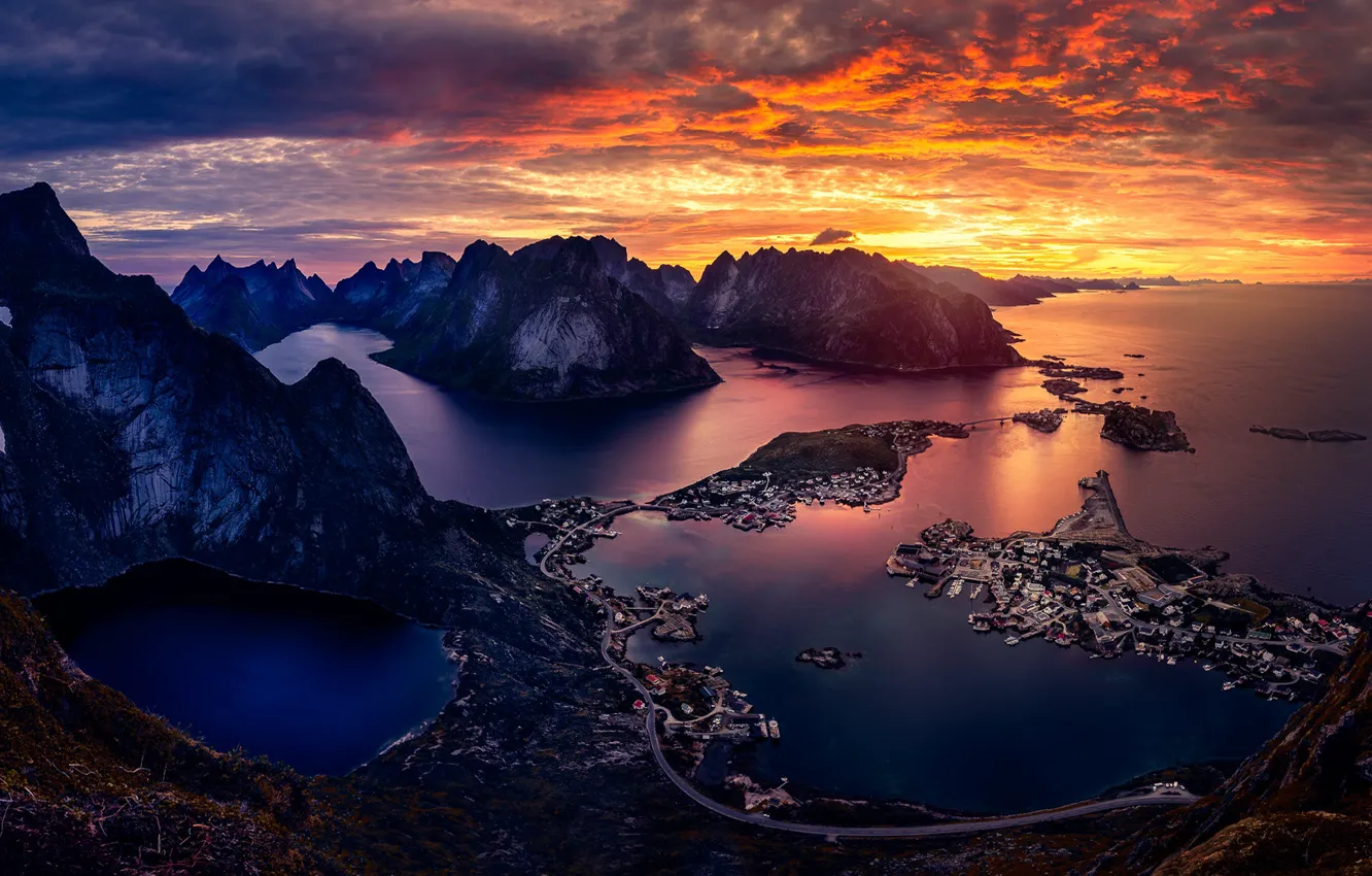 Photo wallpaper sunset, mountains, rocks, pond