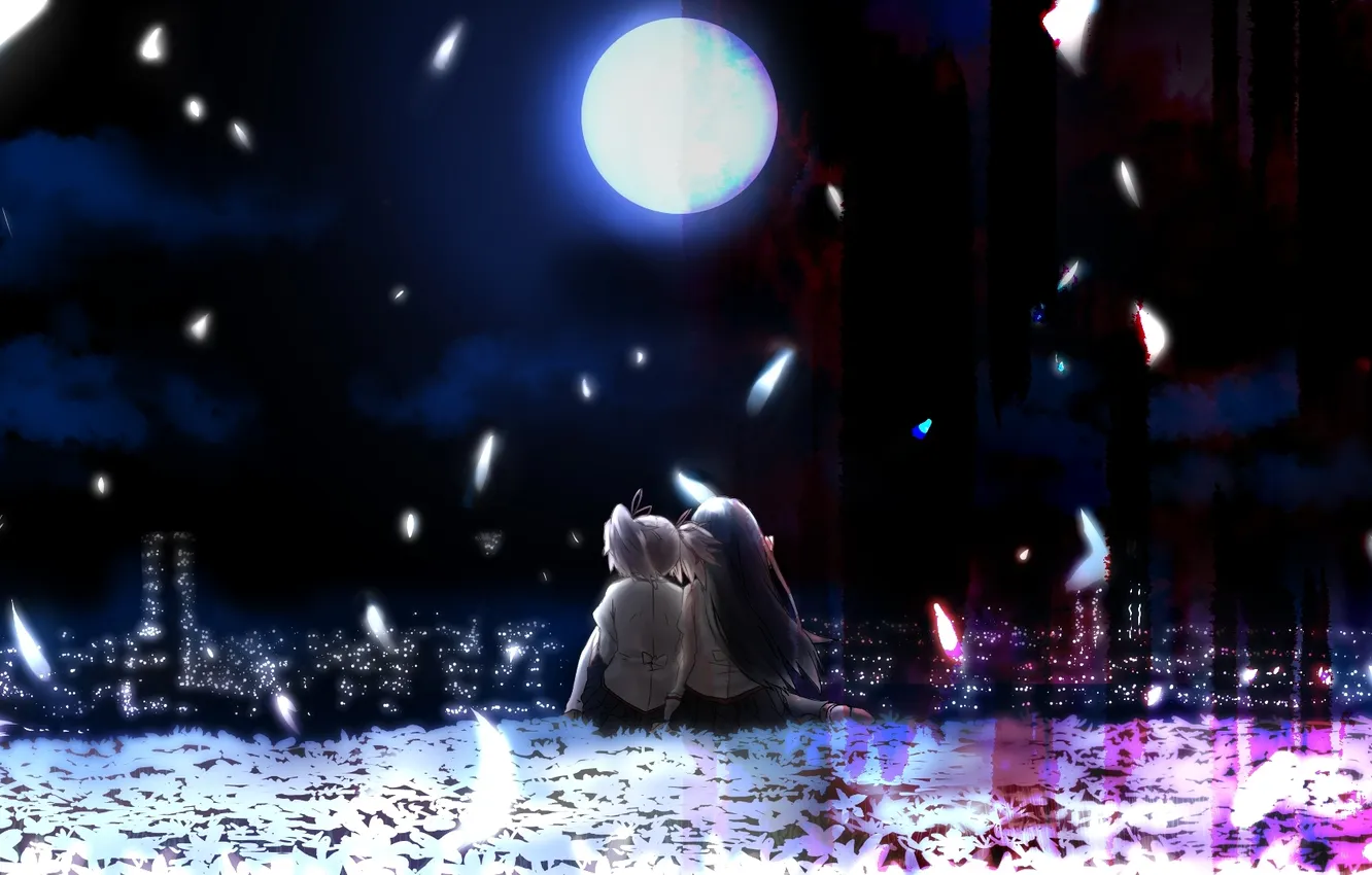 Photo wallpaper girl, clouds, night, the city, the moon, anime, petals, art