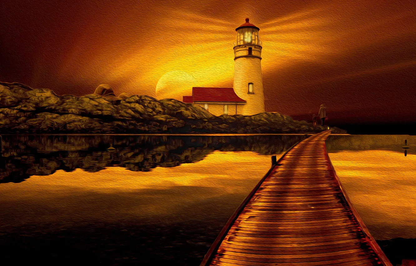 Photo wallpaper landscape, sunset, lighthouse