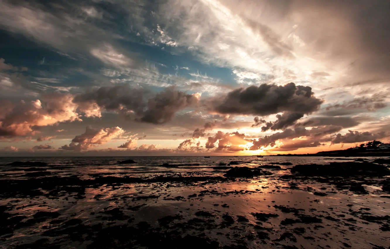 Photo wallpaper sea, beach, sunset, tide