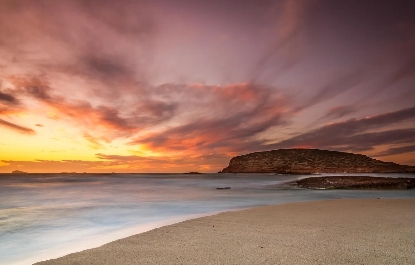 Photo wallpaper sand, beach, landscape, the ocean, rocks, dawn, shore