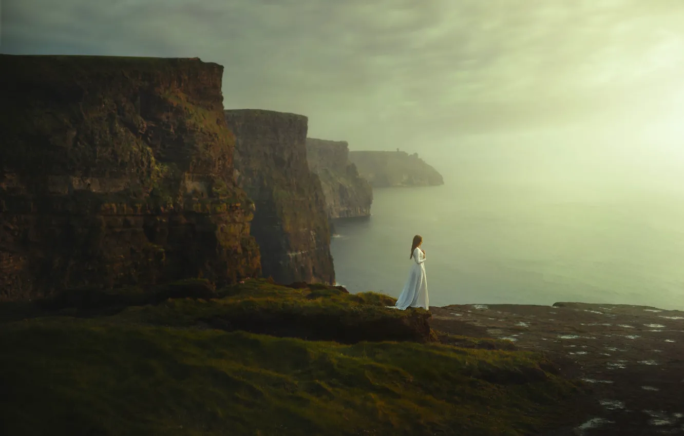 Photo wallpaper sea, girl, nature, fog, rocks, dress, TJ Drysdale
