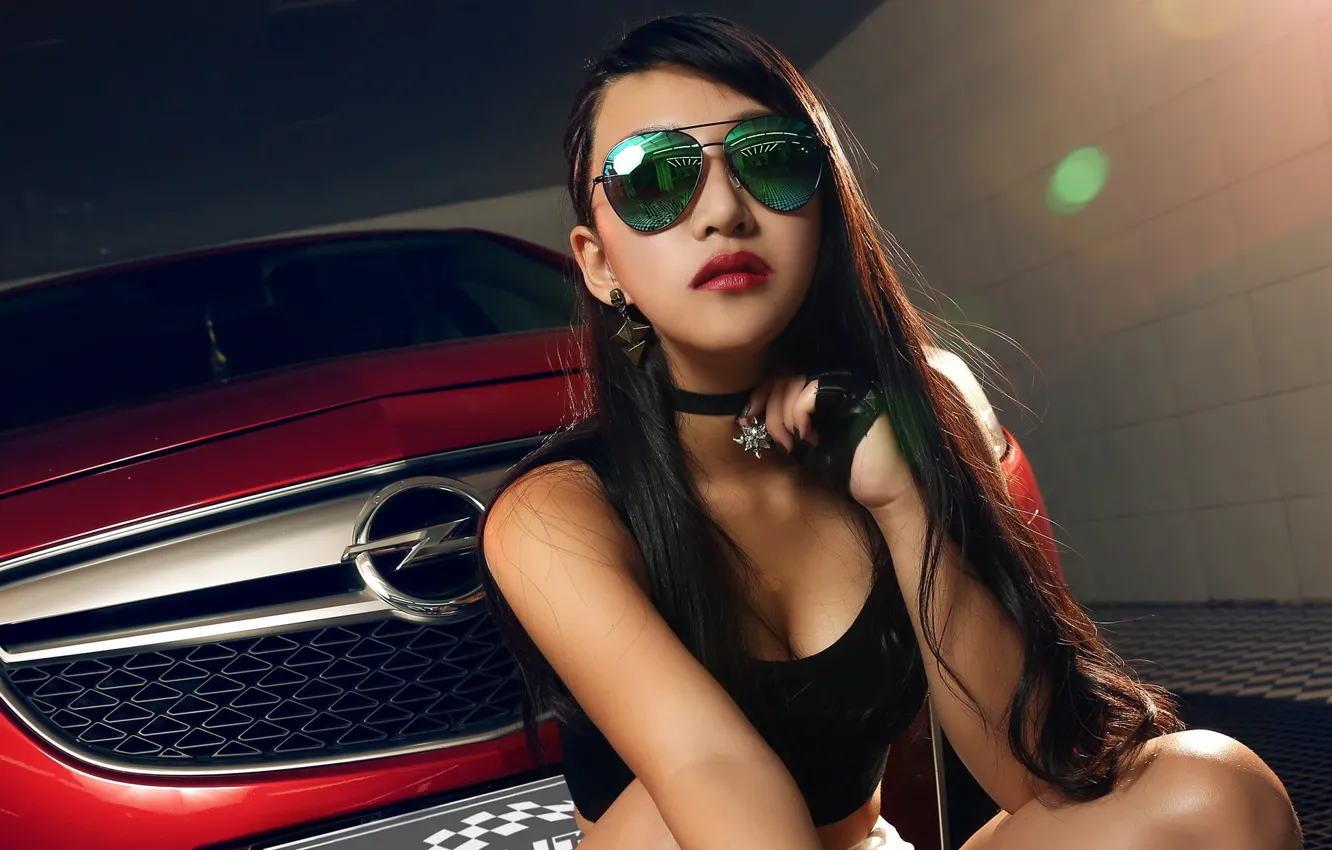 Photo wallpaper look, Girls, glasses, Opel, Asian, beautiful girl, red car