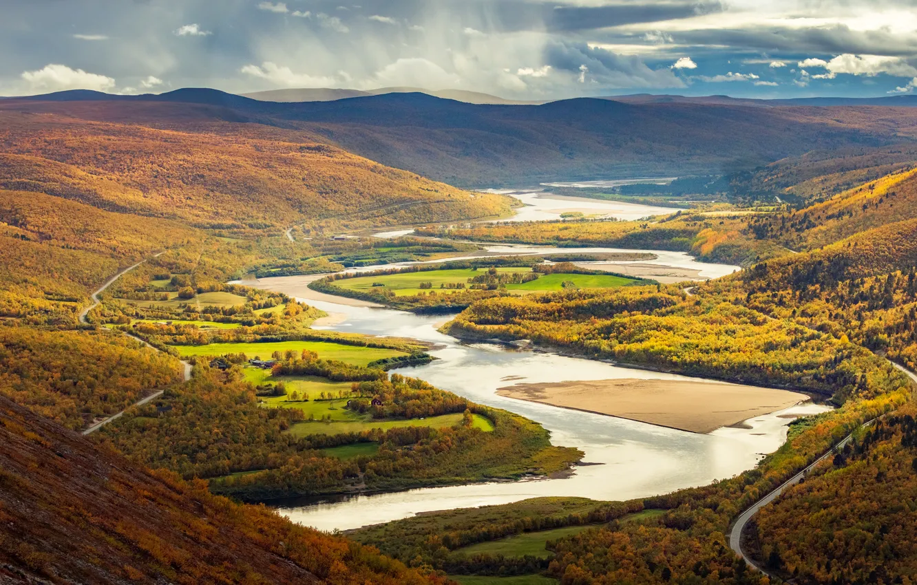 Photo wallpaper autumn, forest, the sky, clouds, light, mountains, river, hills