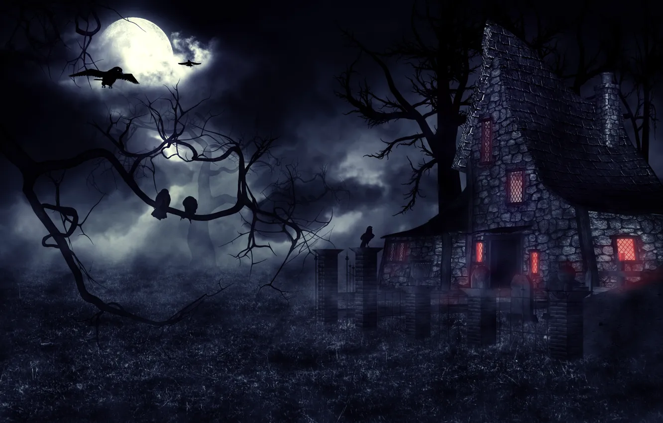 Photo wallpaper night, fog, Gothic, mystic, crows, the full moon, haunted house, fantasy art
