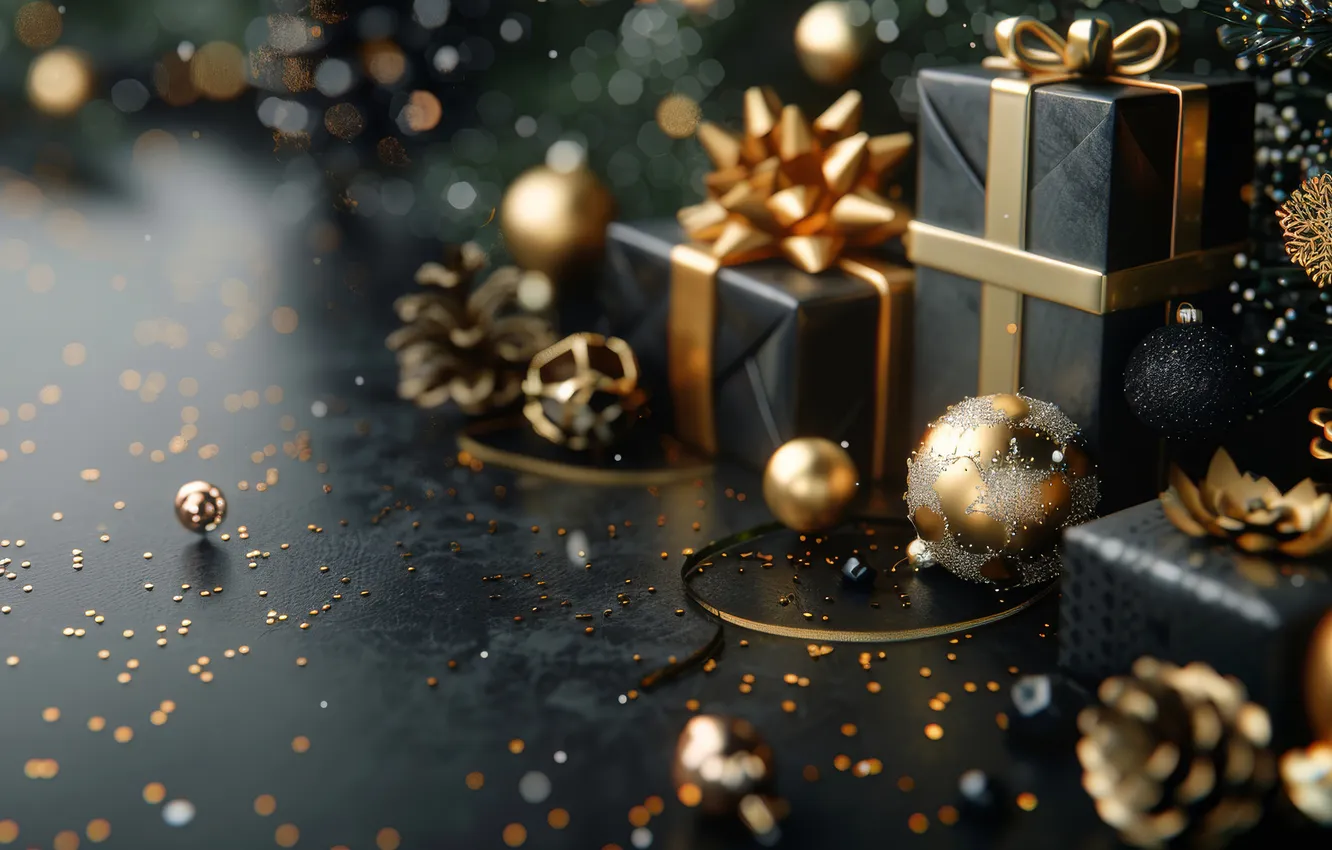 Photo wallpaper balls, lights, the dark background, box, gift, new year, blur, Christmas