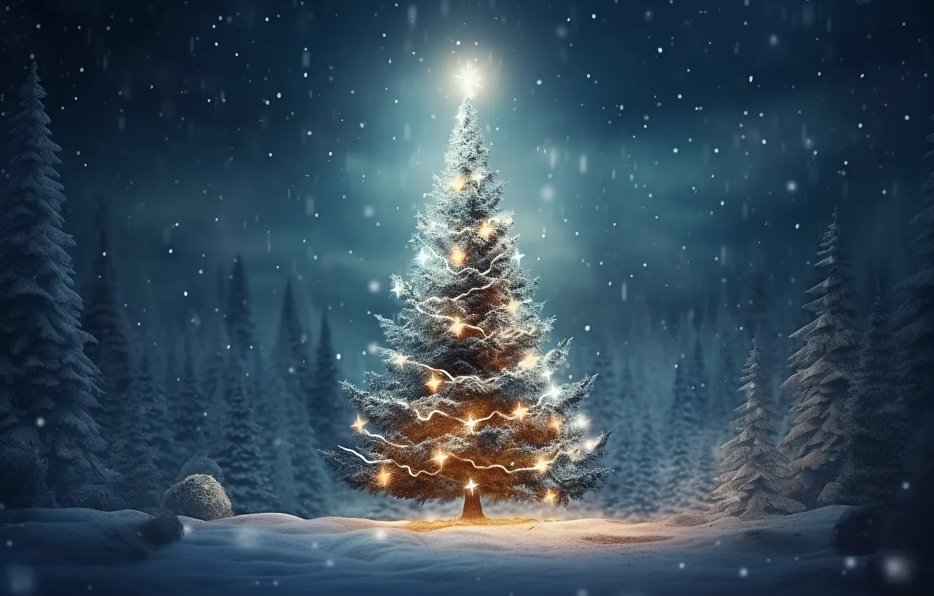 Photo wallpaper winter, forest, stars, light, snow, night, lights, lights