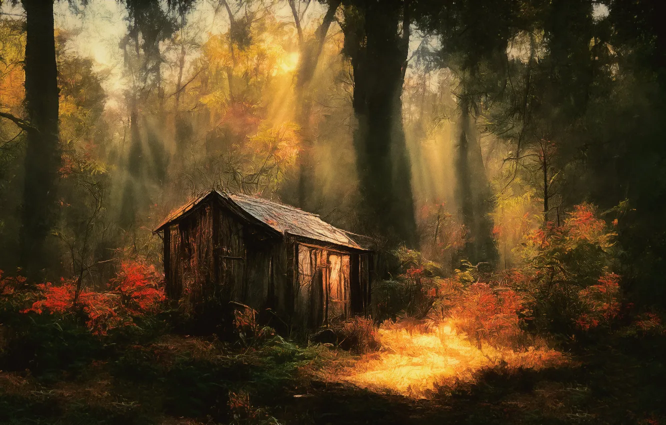 Photo wallpaper autumn, forest, landscape, nature, the barn, house, AI art