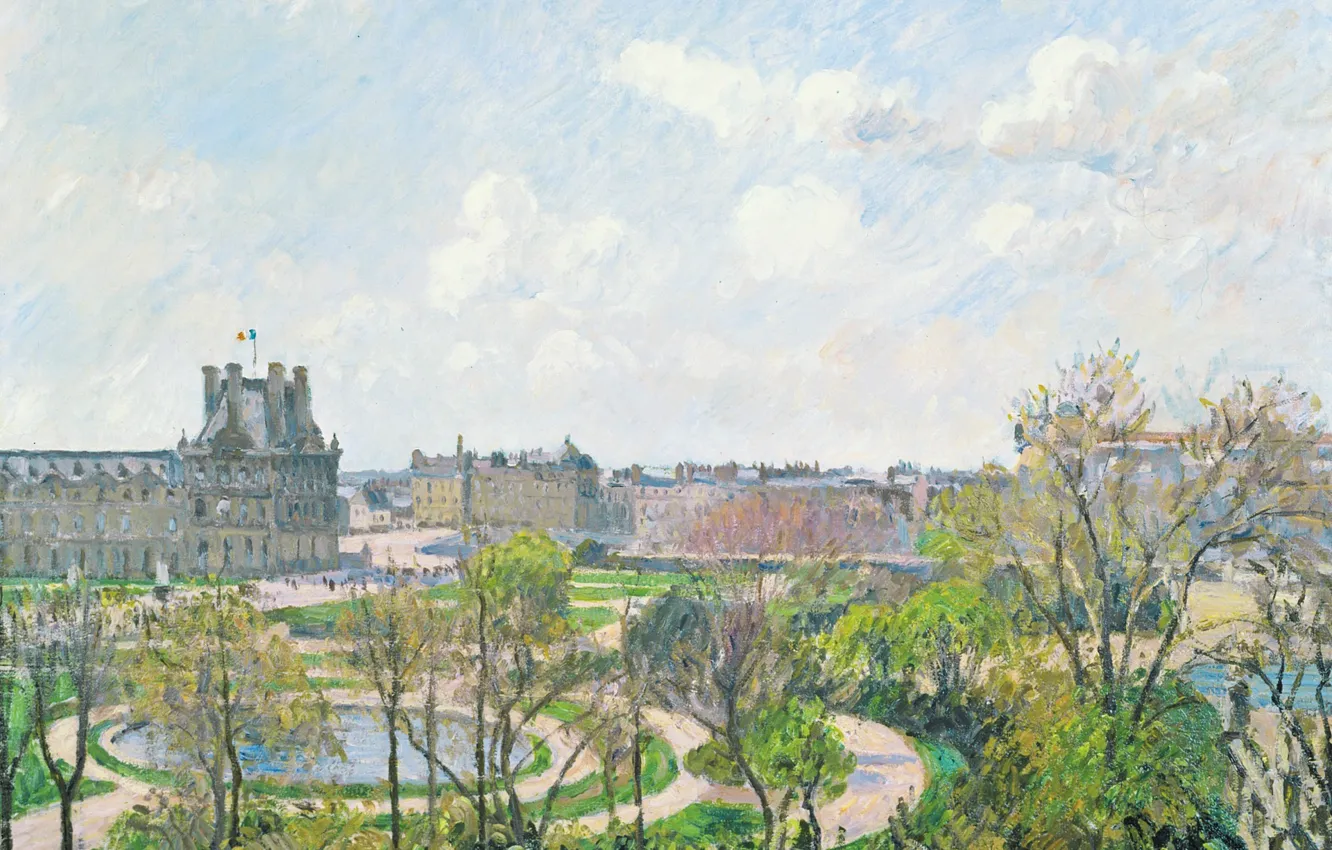 Photo wallpaper landscape, the city, Park, Paris, picture, Camille Pissarro, The Tuileries Garden. Morning. Spring