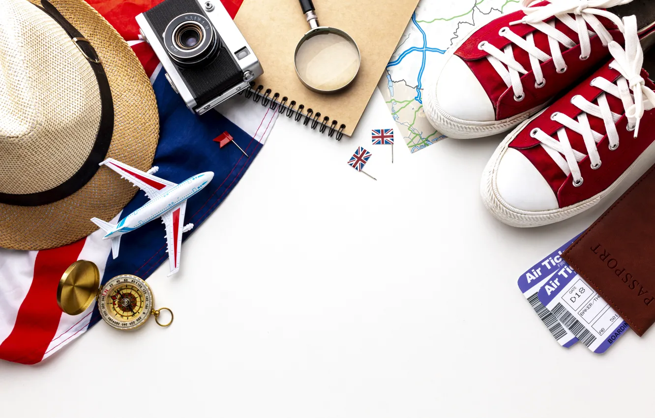 Photo wallpaper hat, sneakers, hat, flag, the camera, Notepad, the plane, Britain