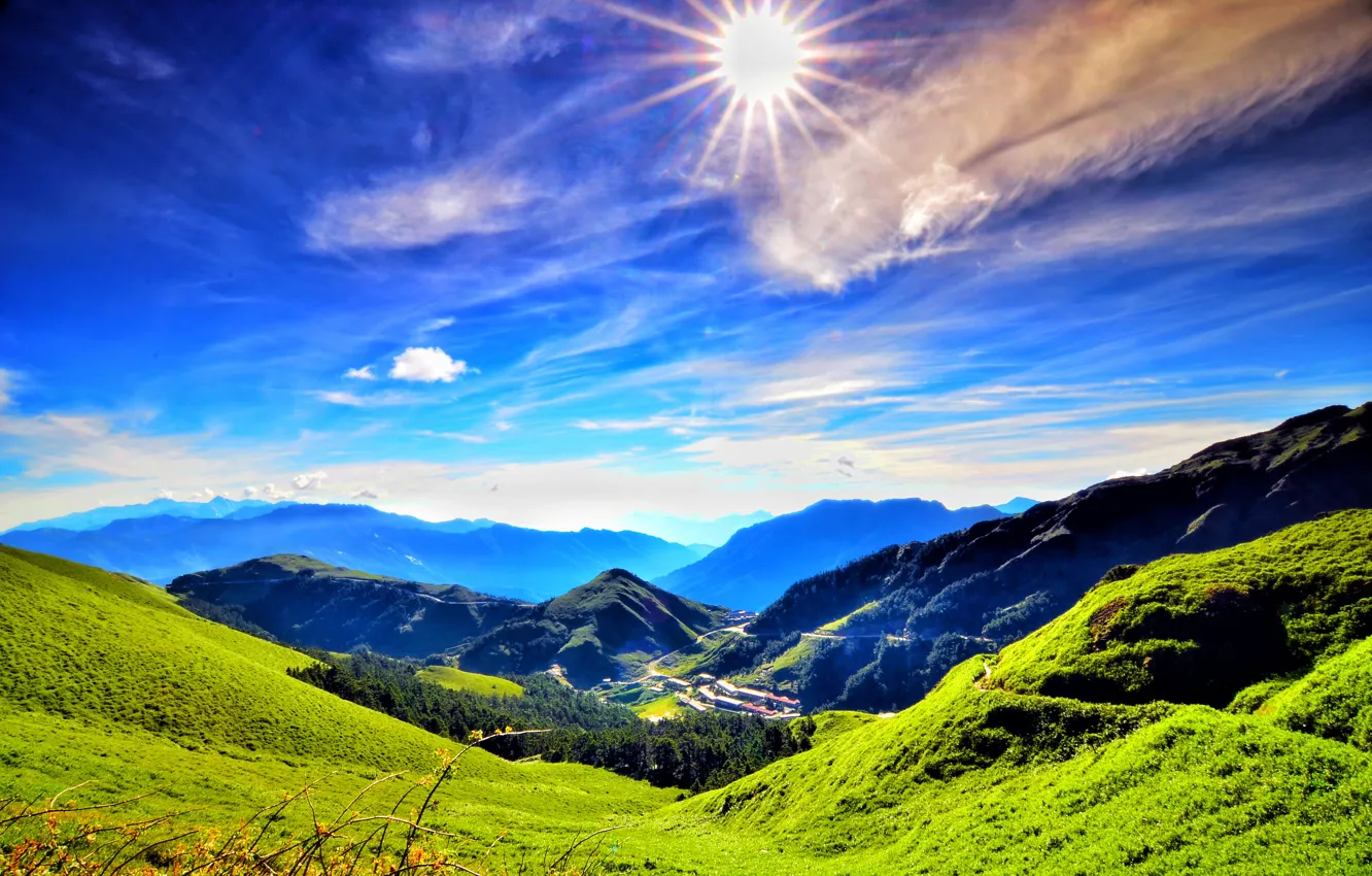 Photo wallpaper mountains, China, China, mountains, sun