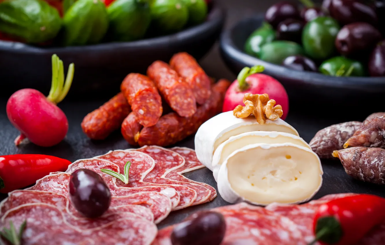Photo wallpaper cheese, pepper, nuts, olives, sausage, salami, radishes