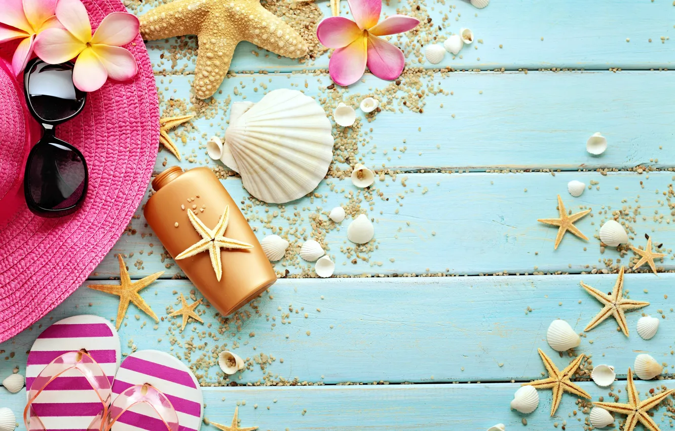 Photo wallpaper flowers, hat, glasses, shell, starfish, summer, wood, marine