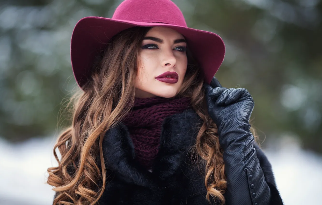 Photo wallpaper winter, background, model, portrait, hat, makeup, scarf, hairstyle