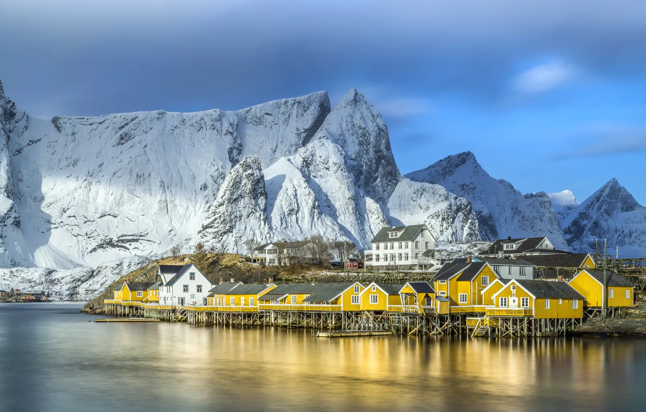 Photo wallpaper snow, mountains, yellow, rocks, home, Bay, Norway, Bay