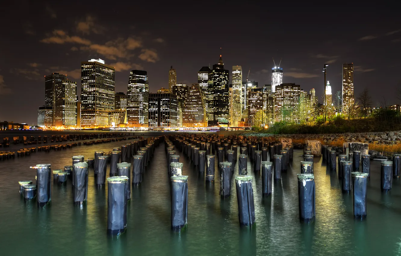 Photo wallpaper night, the city, New York, skyscrapers, USA, Lower Manhattan, East River
