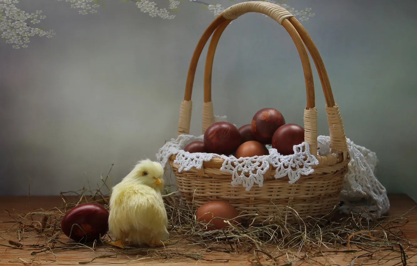 Photo wallpaper holiday, basket, eggs, Easter, chicken, napkin, eggs, Kovaleva Svetlana
