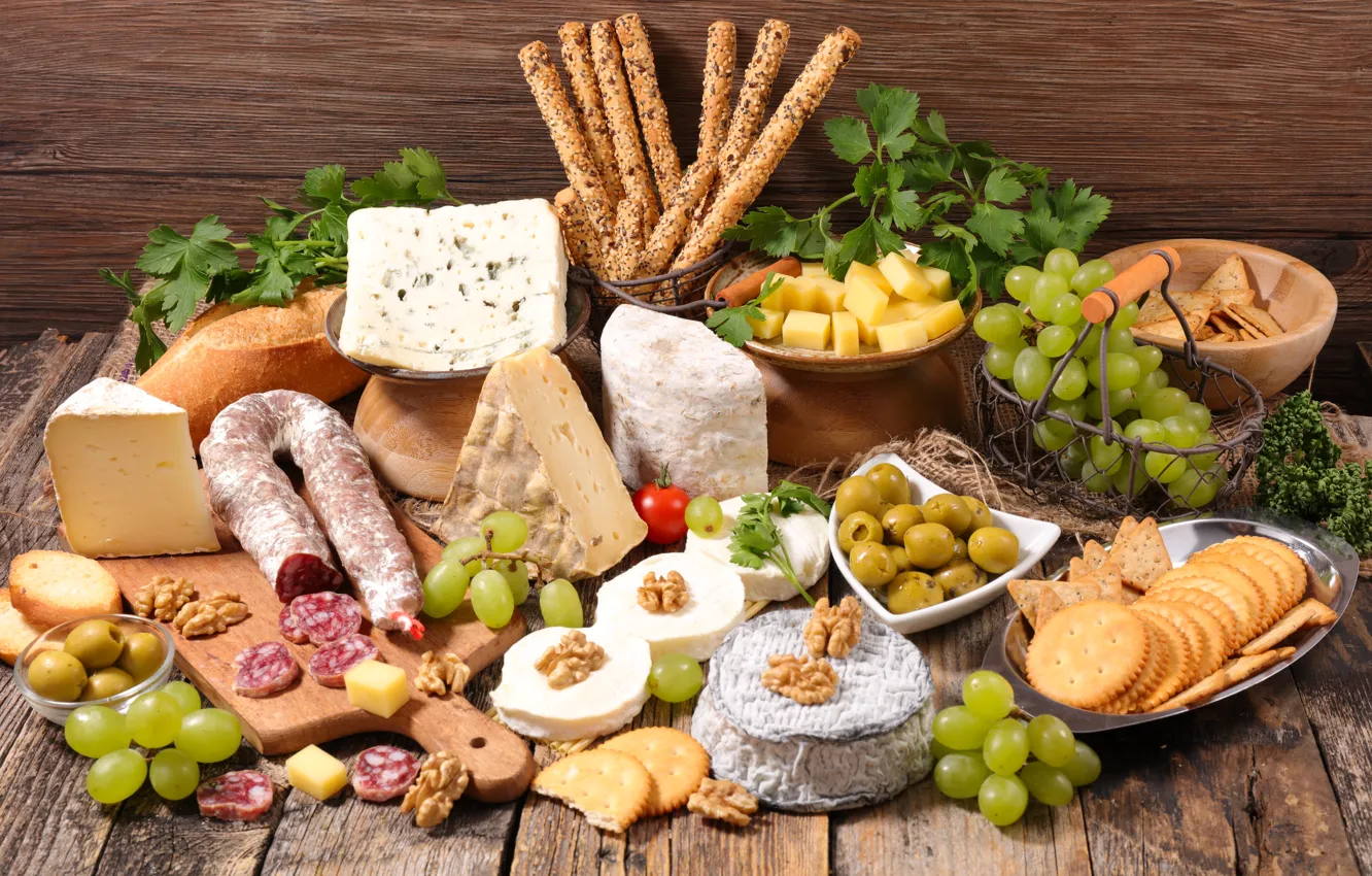 Photo wallpaper cheese, bread, grapes, nuts, crackers