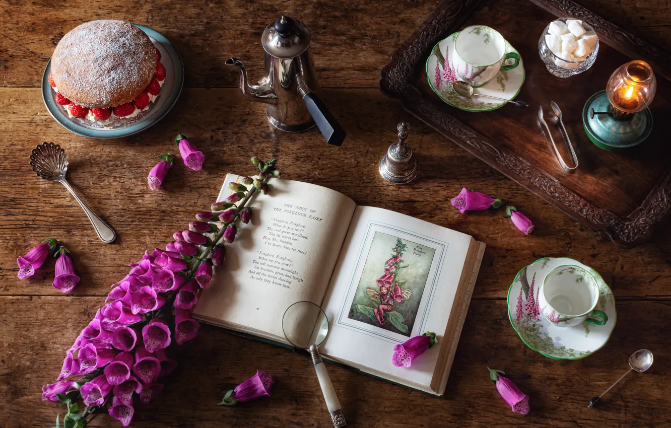 Photo wallpaper flowers, style, Cup, book, still life, magnifier, cake, tray