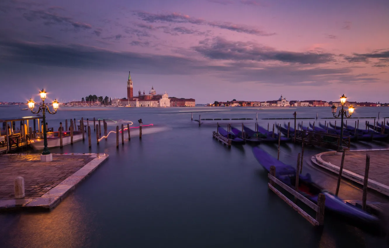 Photo wallpaper island, the evening, pier, lights, Italy, Venice, Laguna, Italy