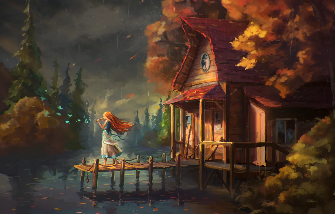 Photo wallpaper forest, water, girl, house, river, flute