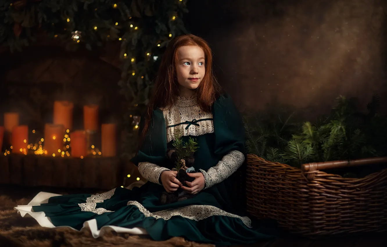 Photo wallpaper look, branches, children, basket, new year, spruce, dress, girl