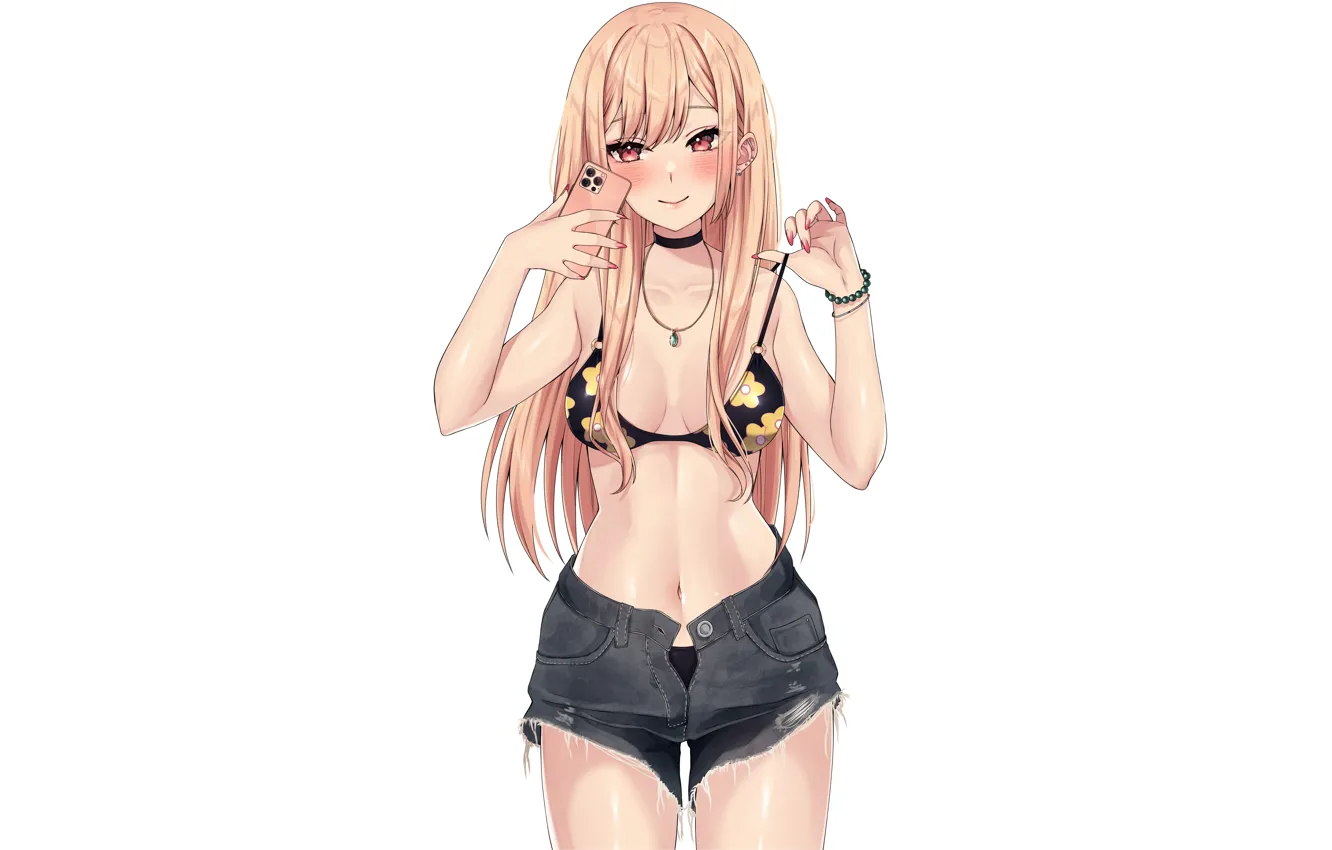 Photo wallpaper girl, sexy, cleavage, shorts, long hair, boobs, anime, beautiful