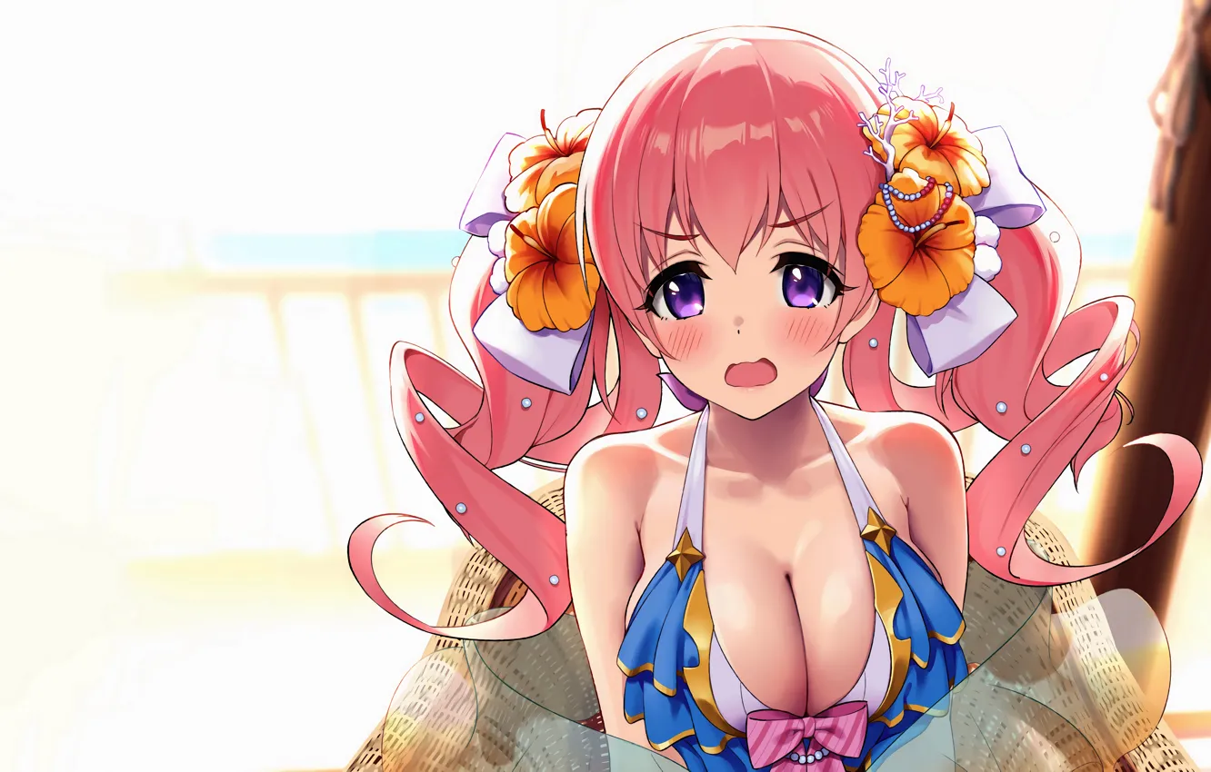 Photo wallpaper girl, sexy, cleavage, pink hair, long hair, boobs, anime, flowers