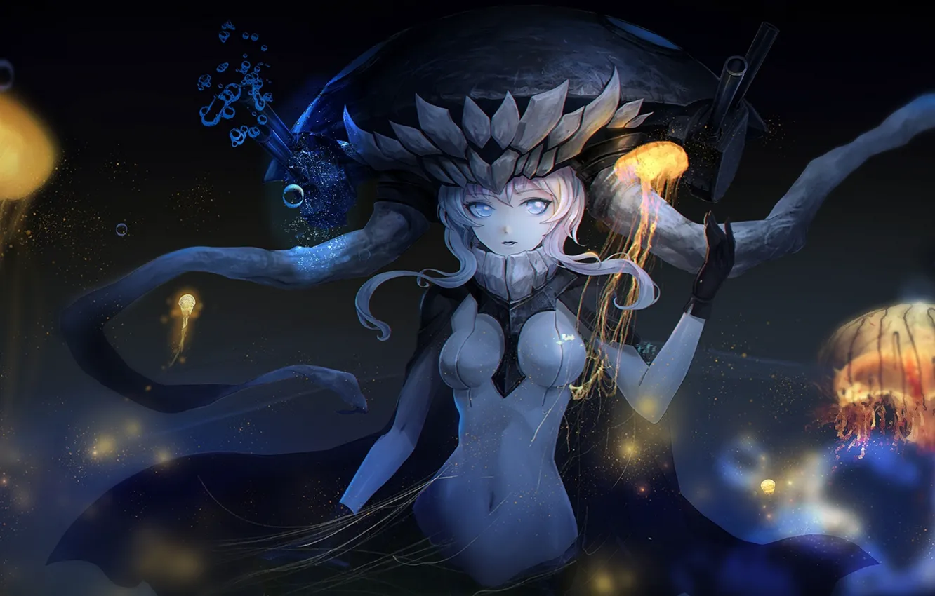 Photo wallpaper girl, bubbles, anime, art, jellyfish, under water, pcw, kantai collection