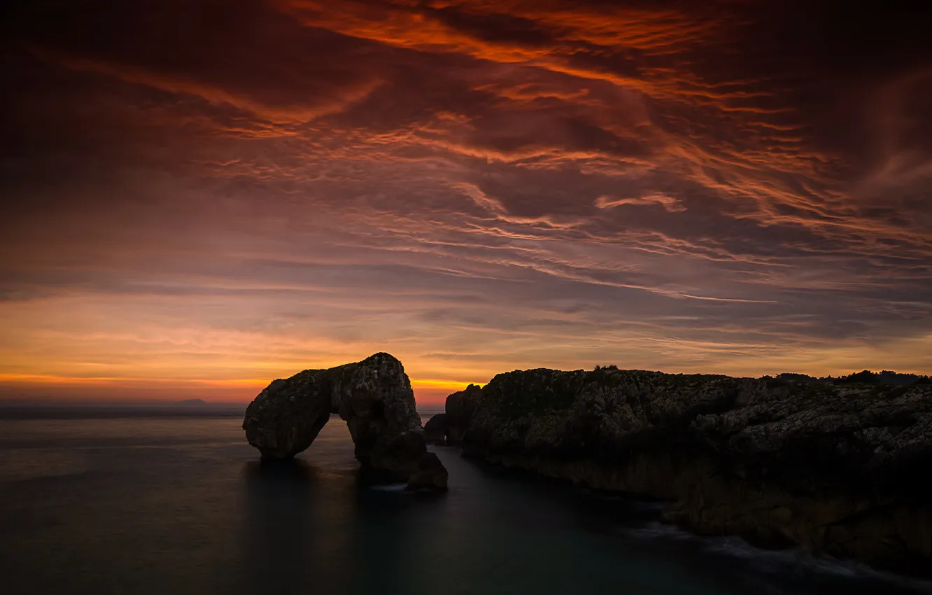 Photo wallpaper landscape, Asturias, Castro de las Gaviotas, Amanecer, Long Exposure