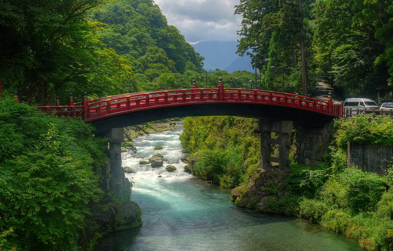 Photo wallpaper forest, mountains, bridge, river, Japan, Japan, stones., Nikko