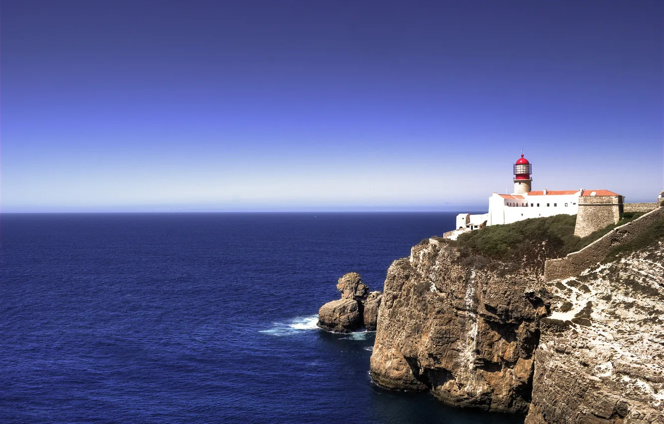 Photo wallpaper sea, the sky, rock, lighthouse, horizon, Portugal, Sagres