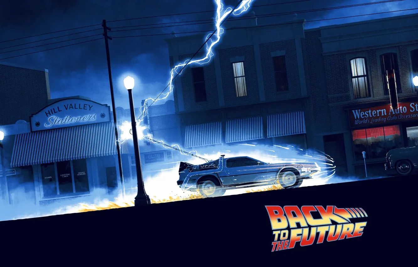 Photo wallpaper Auto, Lightning, Machine, Movie, Fantasy, Back to the future, DeLorean DMC-12, Art