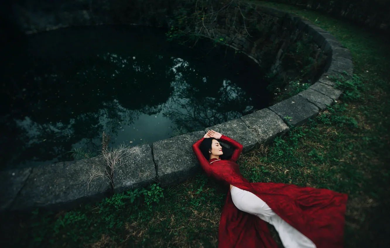 Photo wallpaper girl, lies, Asian, red dress, closed eyes