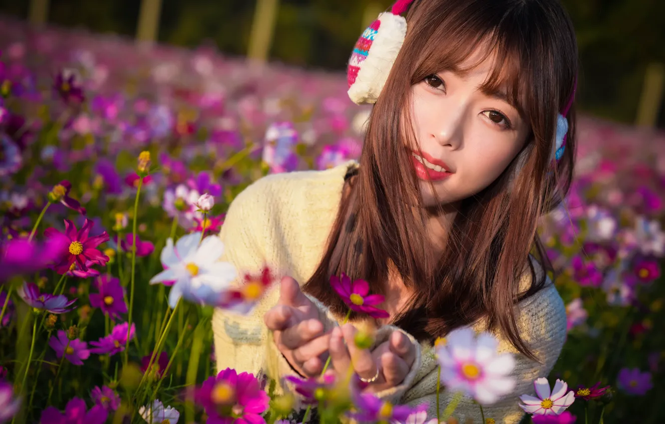 Photo wallpaper girl, flowers, face, background, petals