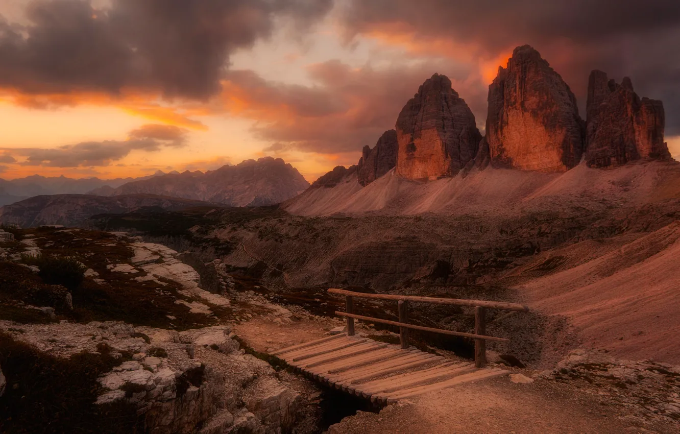 Photo wallpaper the sky, clouds, light, sunset, mountains, bridge, nature, stones