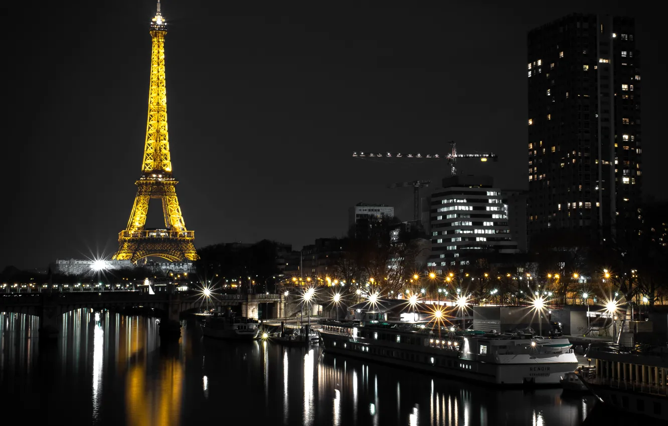 Photo wallpaper night, lights, river, France, Paris, home, lights, Eiffel tower