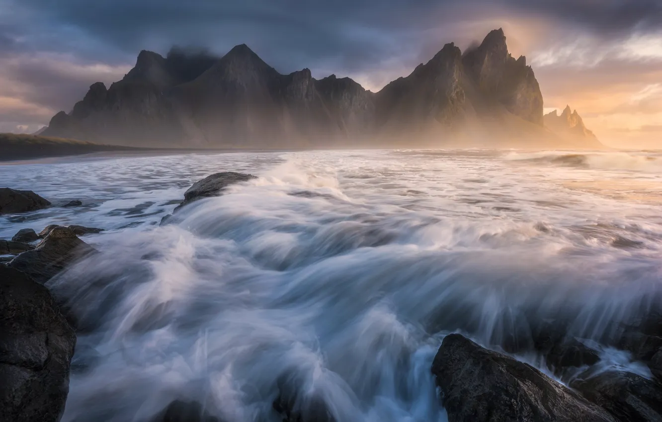 Photo wallpaper sea, wave, clouds, light, mountains, fog, stones, rocks