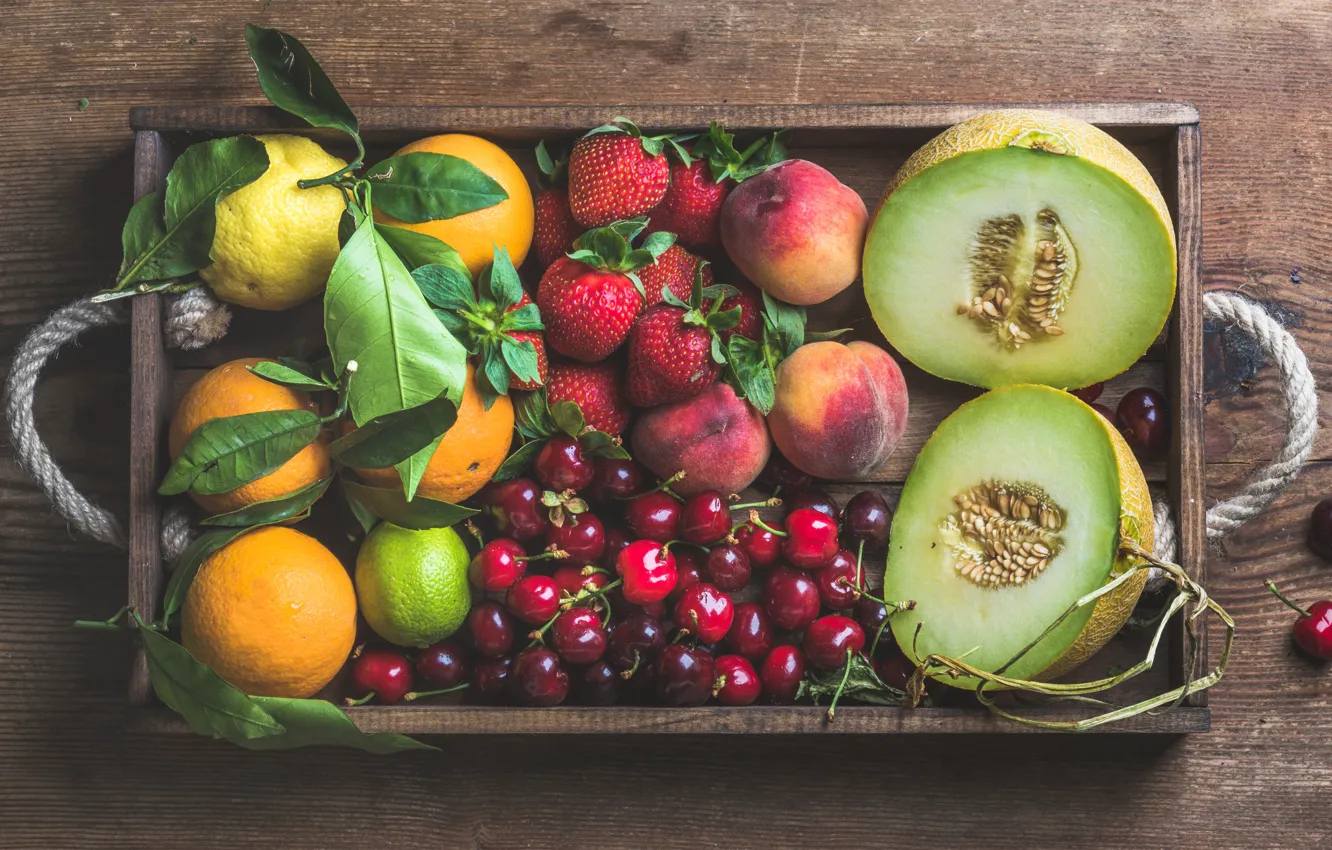 Photo wallpaper leaves, cherry, berries, lemon, orange, strawberry, lime, fruit