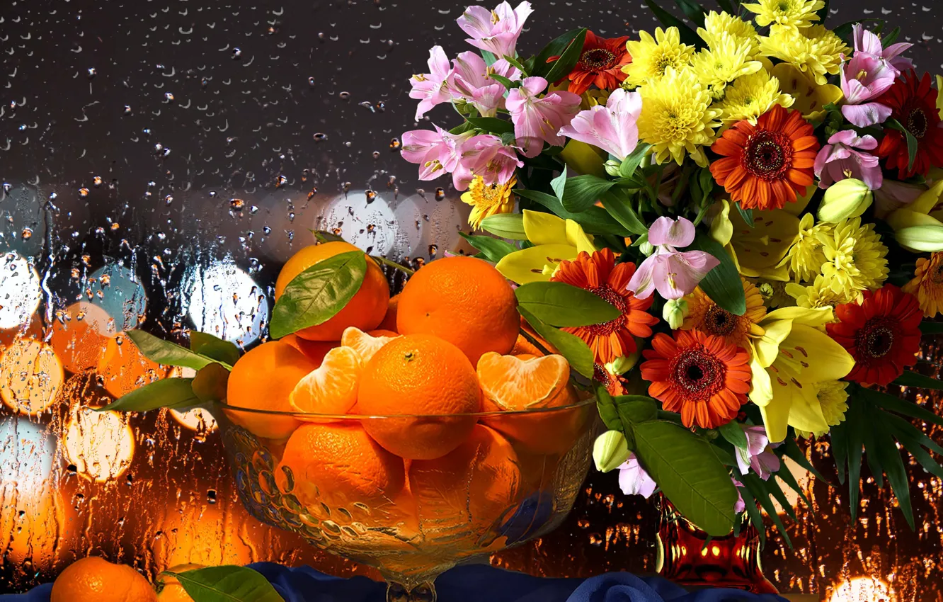 Photo wallpaper flowers, rain, bouquet, oranges, still life