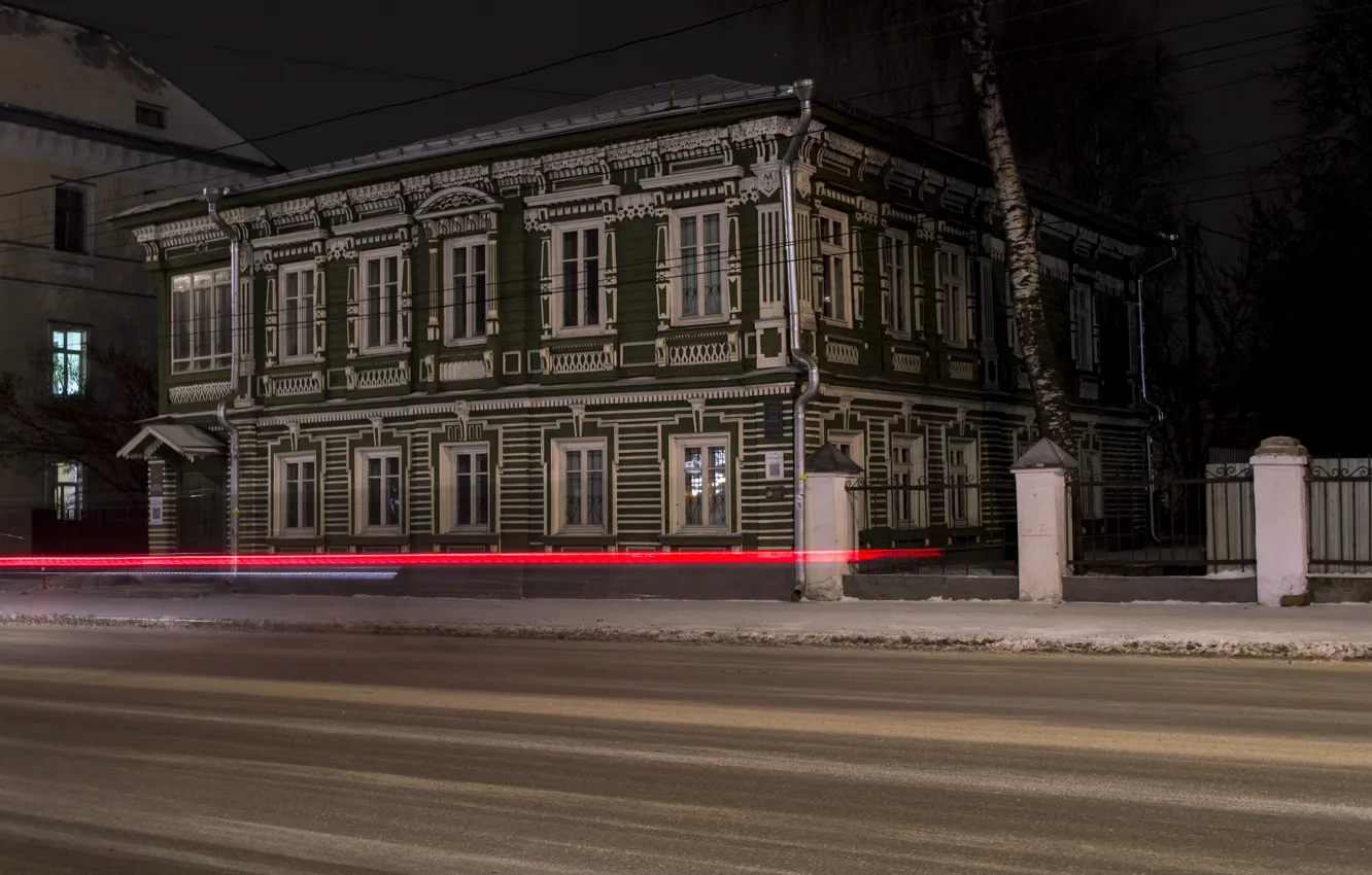 Photo wallpaper winter, road, the sky, light, snow, night, lights, building